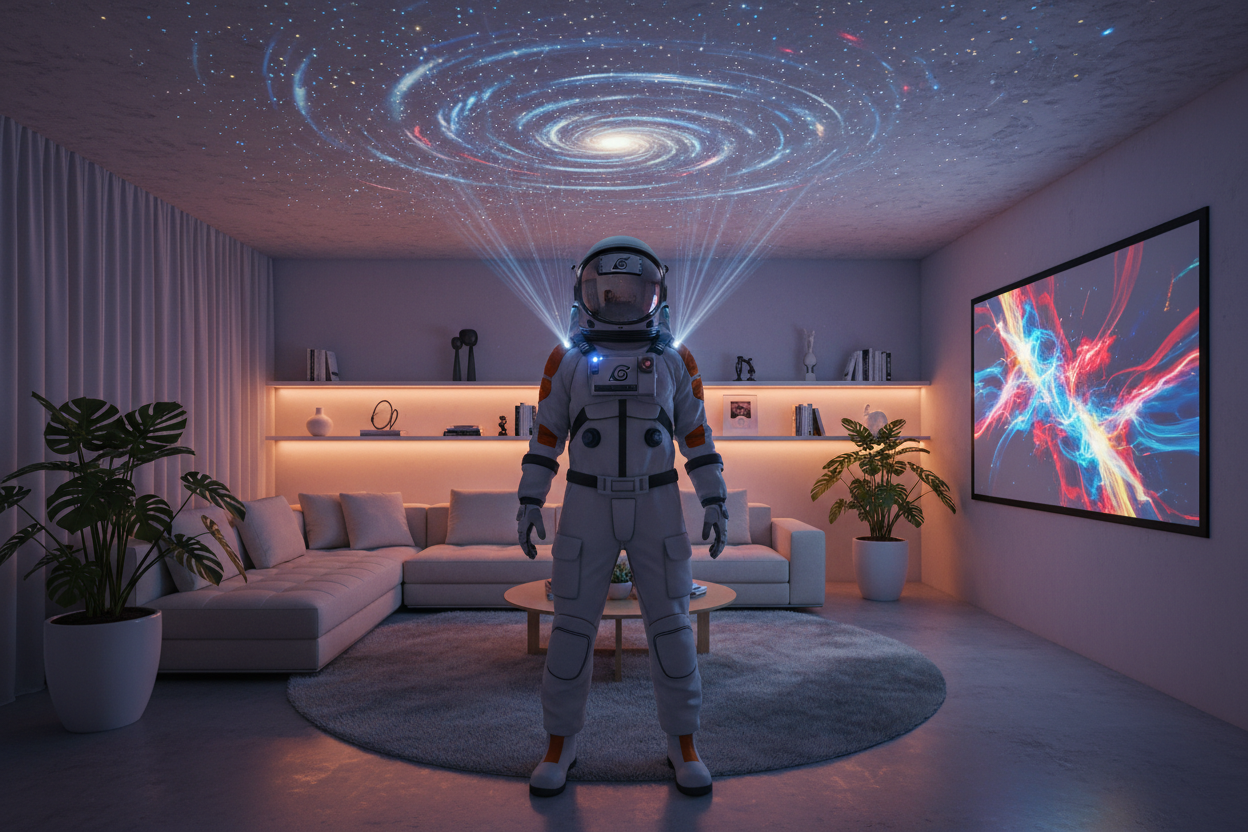 make the astronaut with the naruto headband stand in aesthetic room
